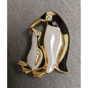 Vtg Penguin Brooch Pin Gold Tone Cream & Black Enamel Mom & Baby Rhinestone Eyes